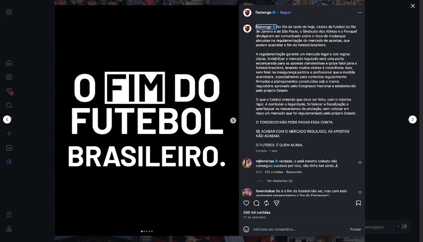 Postagem do Flamengo no Instagram sobre as Bets